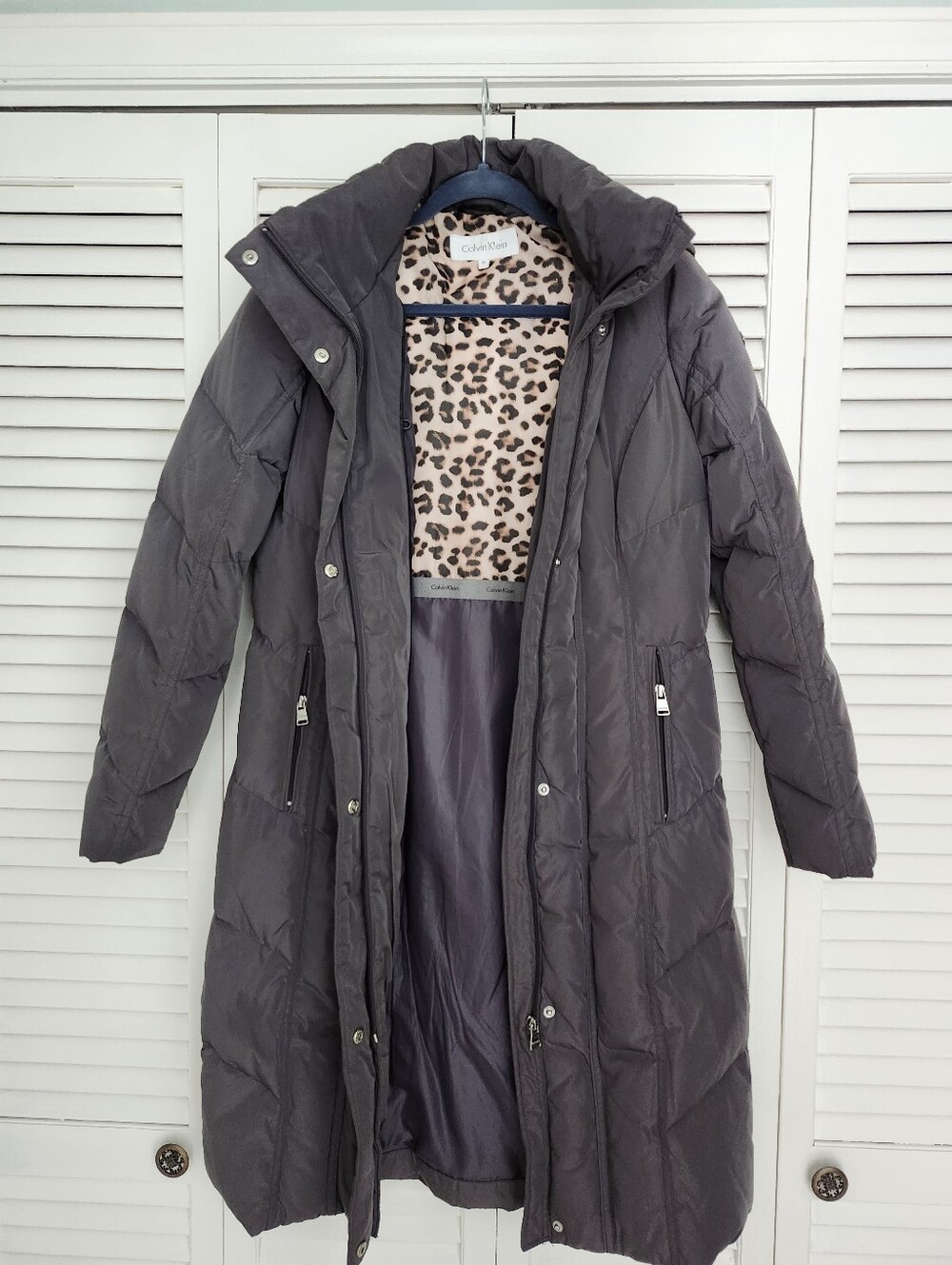 Calvin Klein Charcoal Gray Quilted Long Puffer Coat with Leopard Lining